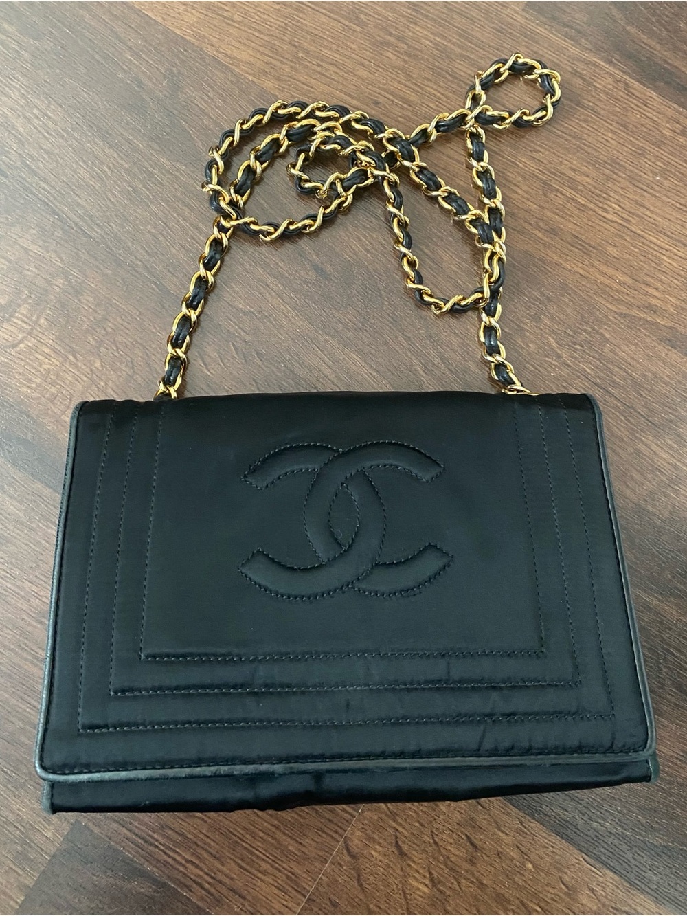 CHANEL Black Quilted Satin Shoulder Bag with Gold Chain w leather interior